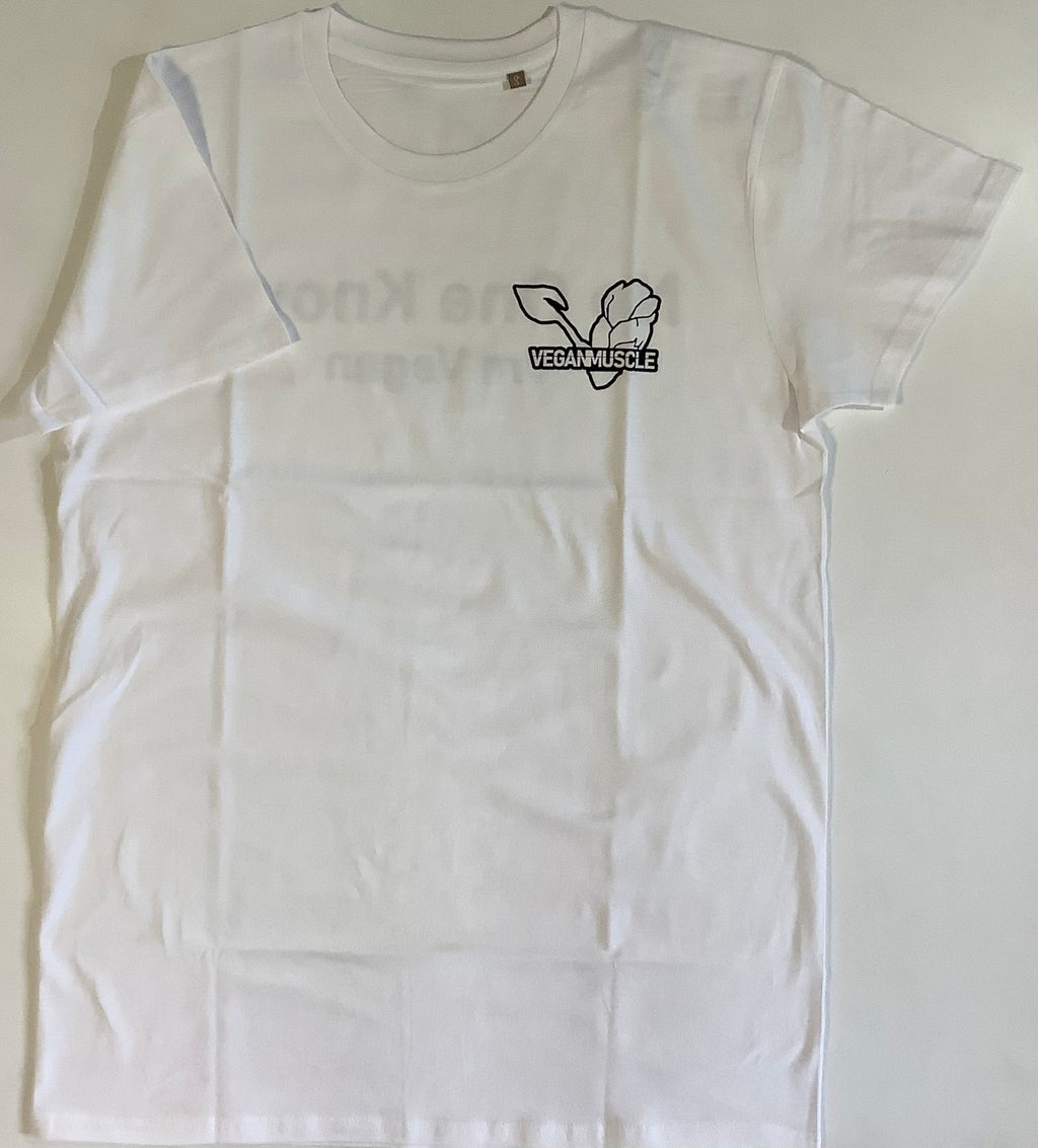 Vegan Muscle Organic T-Shirt – Logo Front, No One Knows Back